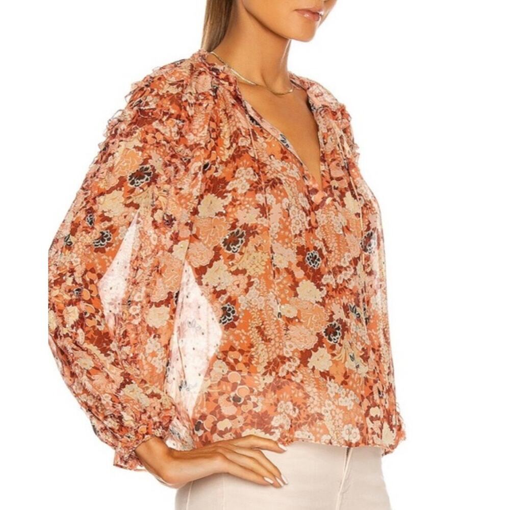 Ulla Johnson Adela Silk Floral Blouse Size 2 Ruffle Tie Neck Metallic Top​